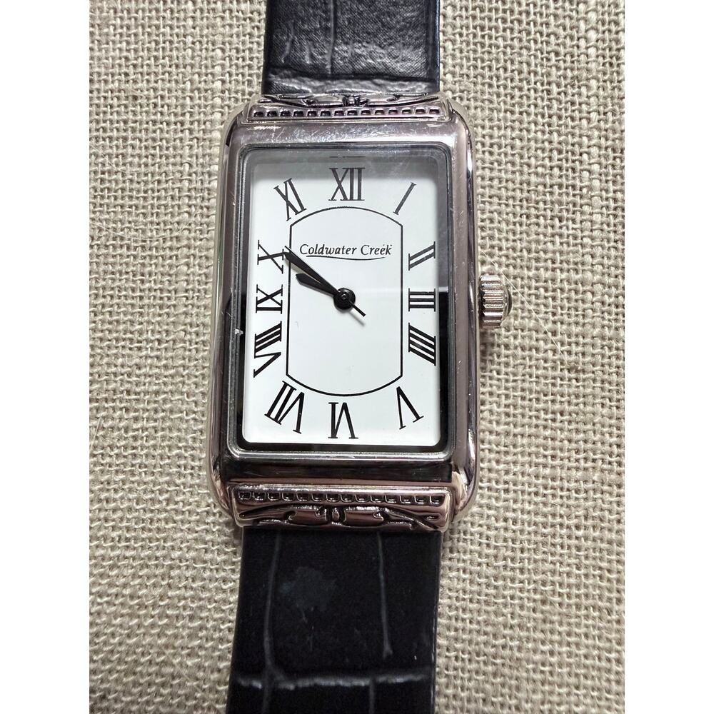 Coldwater Creek Rectangular Silver Tone Leather Watch New Battery